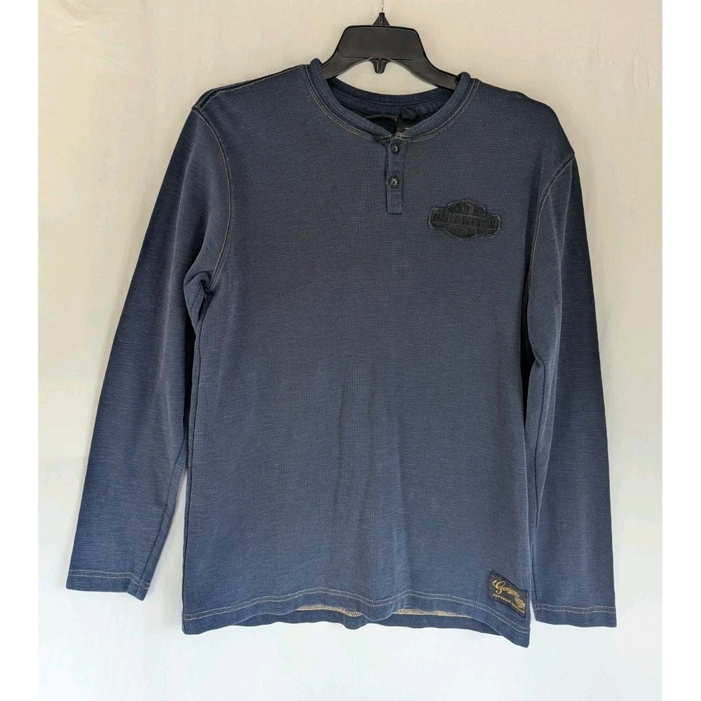 Harley Davidson Henley Sweater Mens M Outdoors Casual Motorcycle Blue